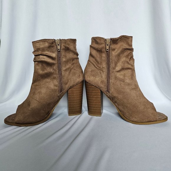 Taupe Suede Peep-Toe Slouch Bootie - Bella Marie - Picture 6 of 15